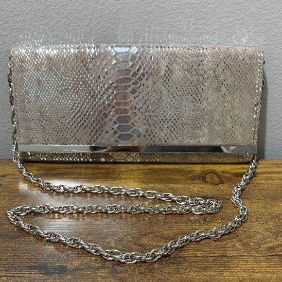 White House Black Market Silver Reptile Print Clutch With Strap - Picture 1 of 4